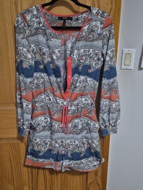 BCBG Coral, Navy & White Paisley Button-Front Romper